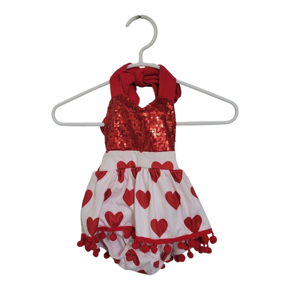 Marie Nicole pink romper with‎ red hearts and sequins size 3-6 mos